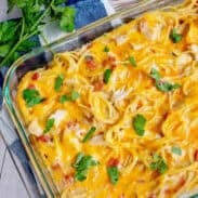 Cheesy chicken spaghetti in a casserole dish.