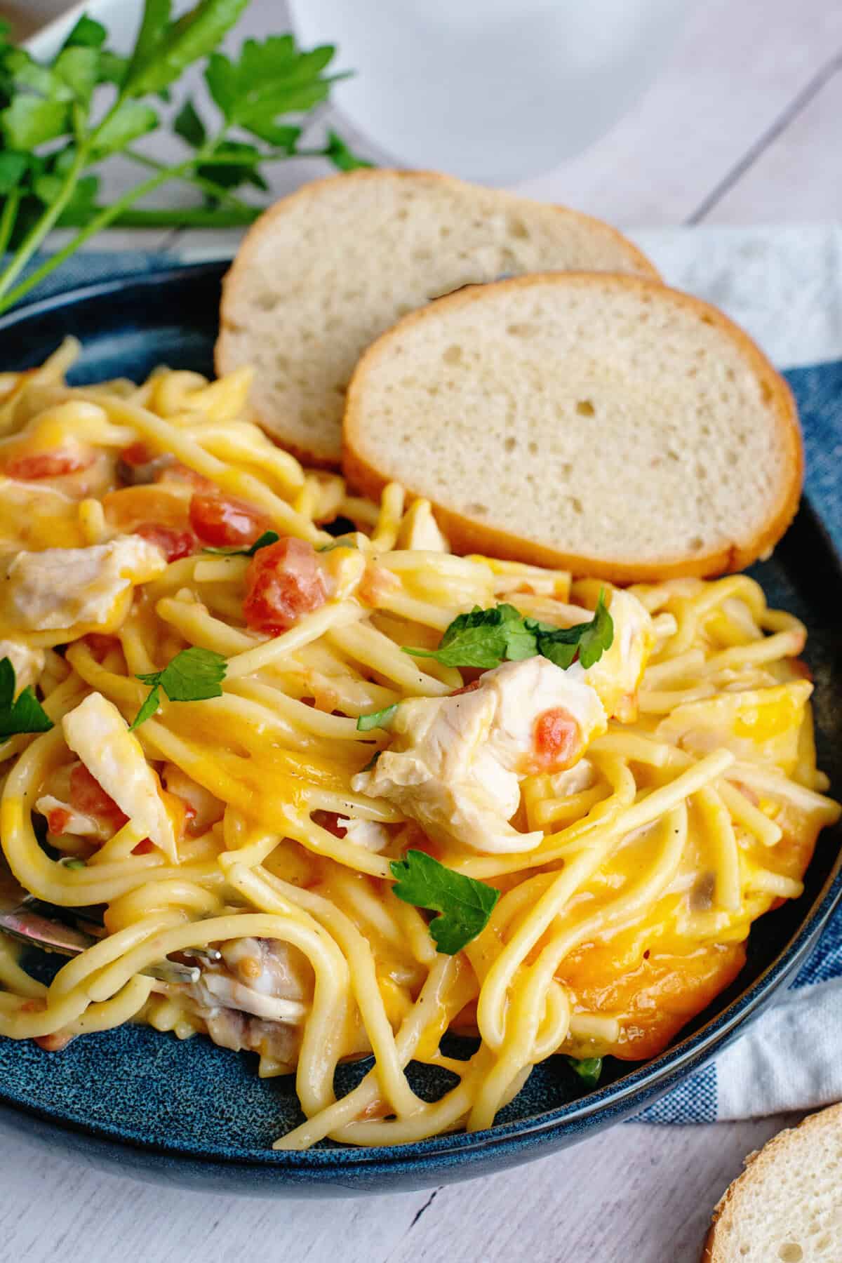 Close-up of cheesy chicken spaghetti.