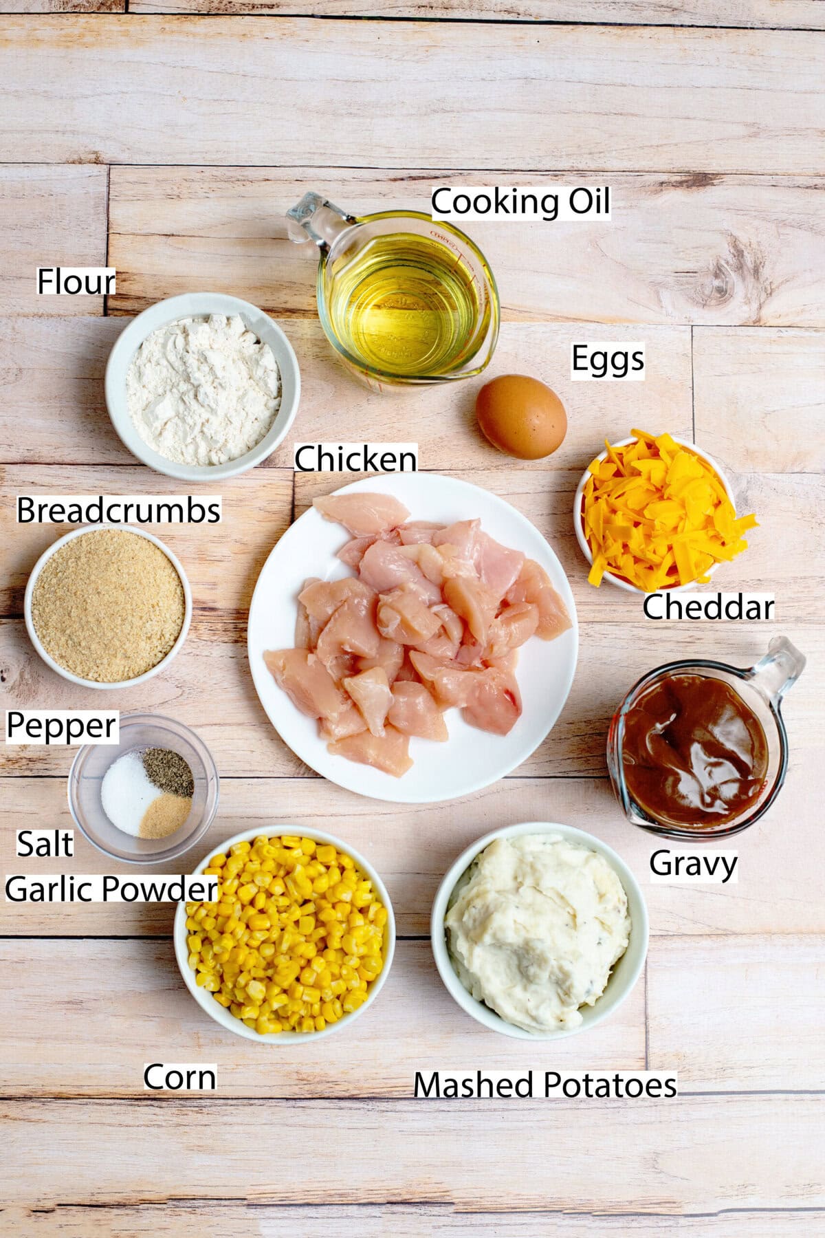 Ingredients for homemade KFC bowls with labels.