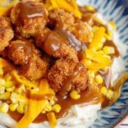 Close-up of a homemade KFC bowl.