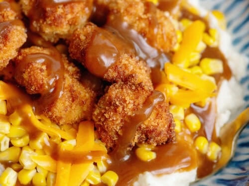 Close-up of a homemade KFC bowl.