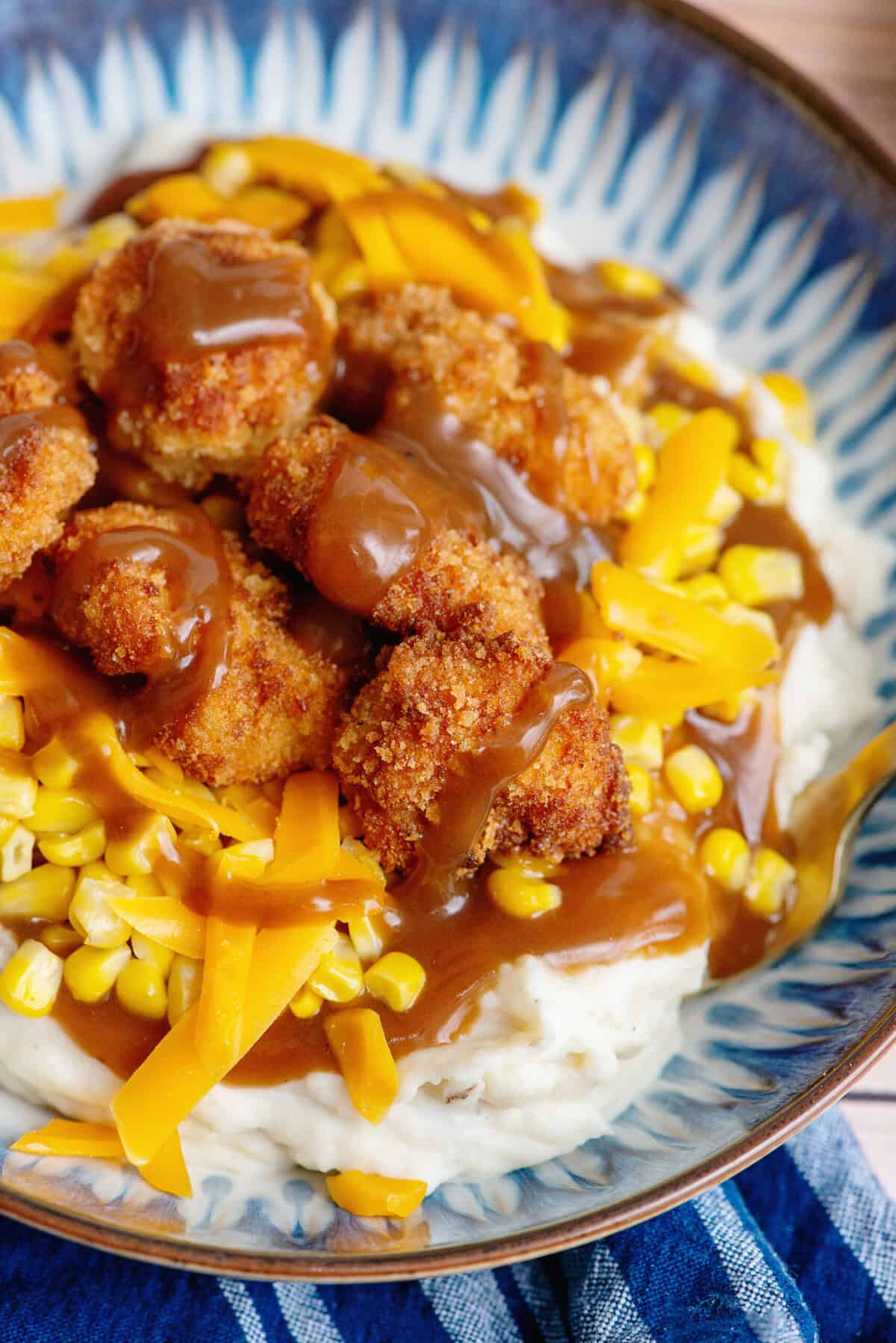 Close-up of a homemade KFC bowl.