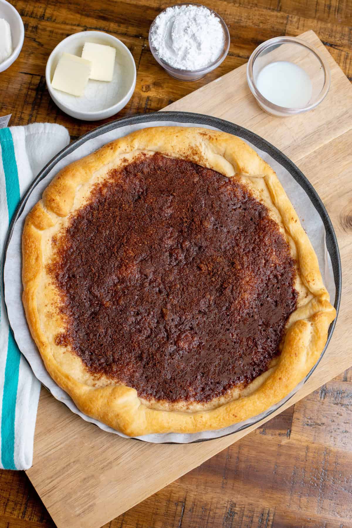 Cinnamon sugar dessert pizza fresh out of the oven.