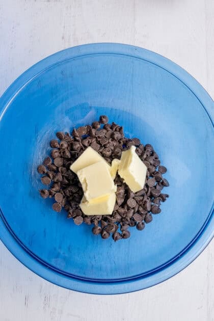 A small bowl with butter and semi-sweet chocolate chips