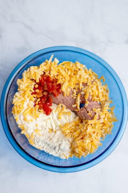 Ingredients for Rotel cream cheese sausage balls in a bowl