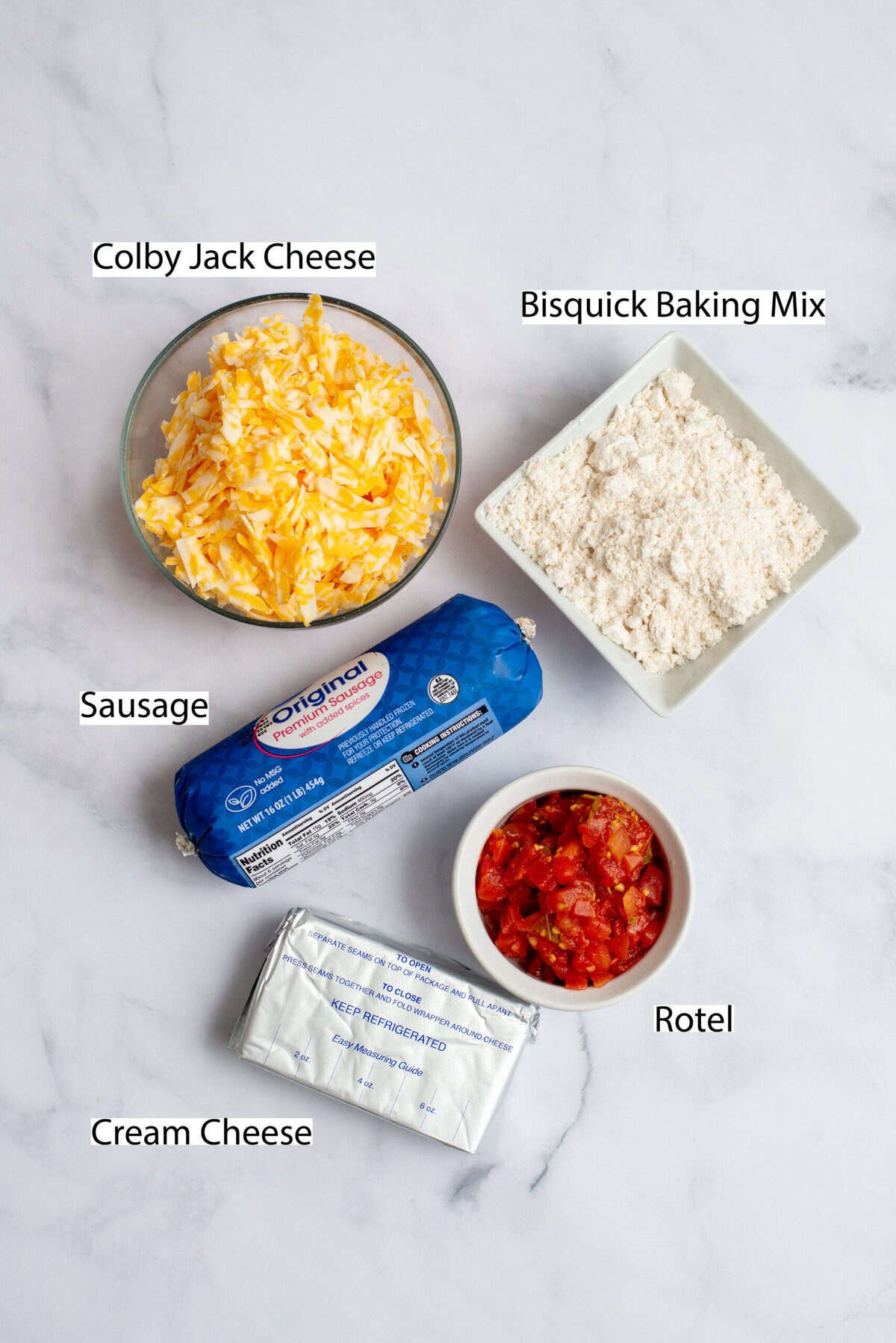 Ingredients to make Rotel cream cheese sausage balls