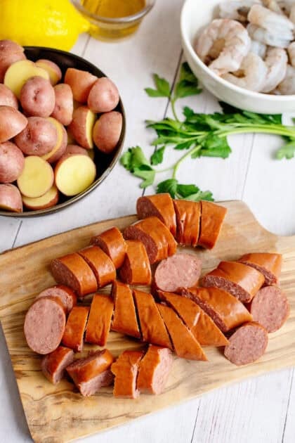 halved red potatoes and sliced sausage