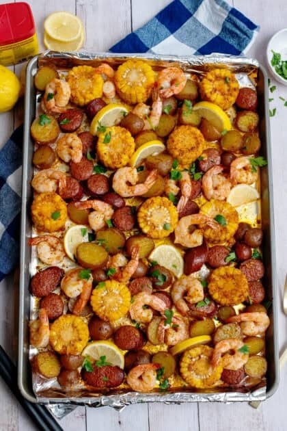 Sheet pan seafood broil on table
