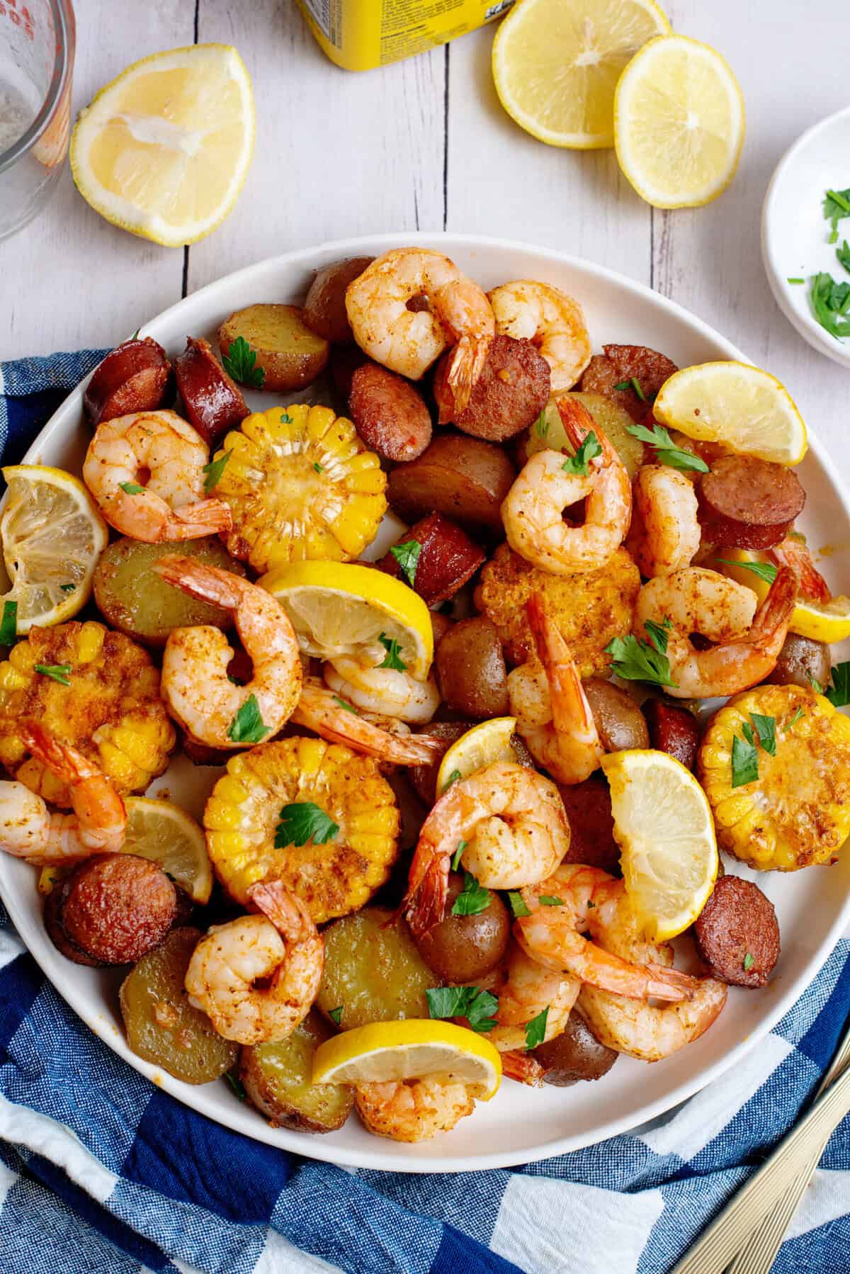 Sheet pan low country seafood boil plated serving