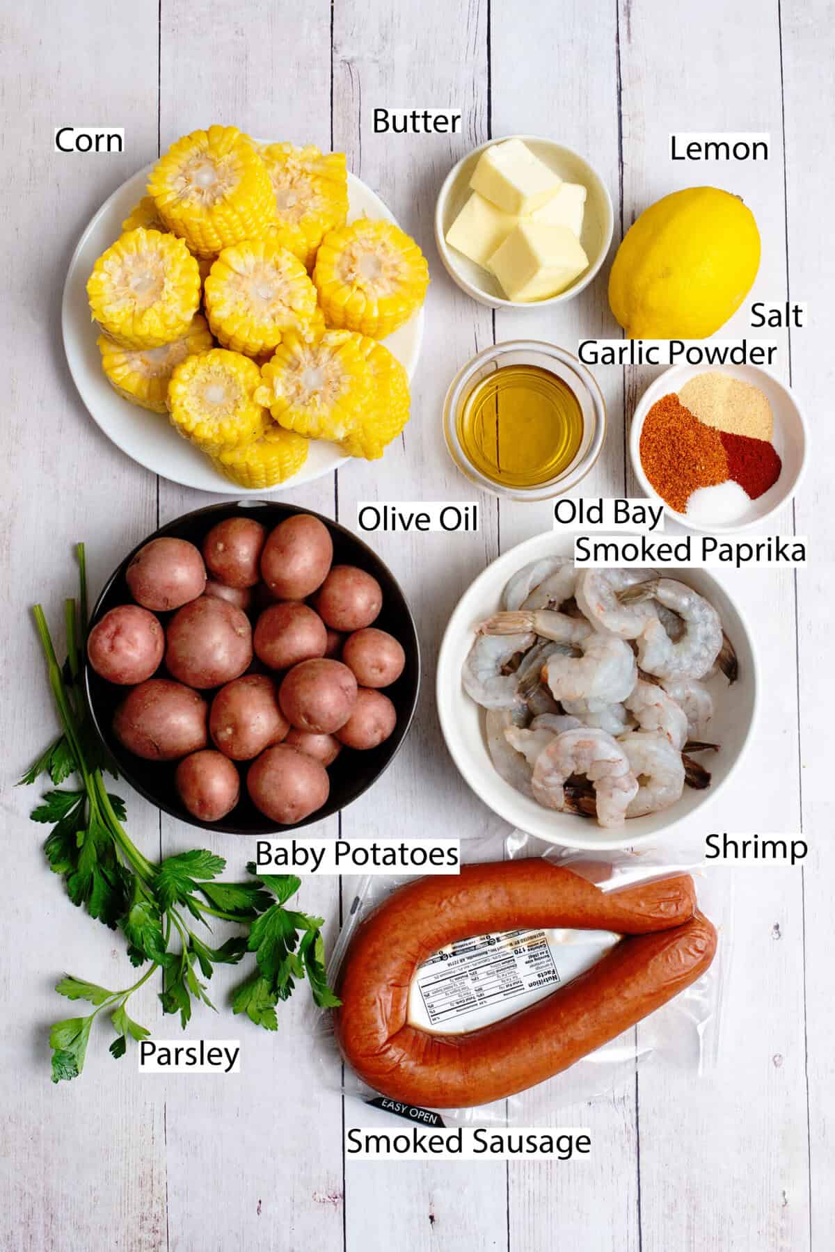 Ingredients for sheet pan low country seafood boil