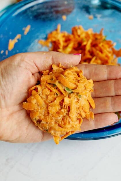 A raw scoop of the sweet potato fritter mixture