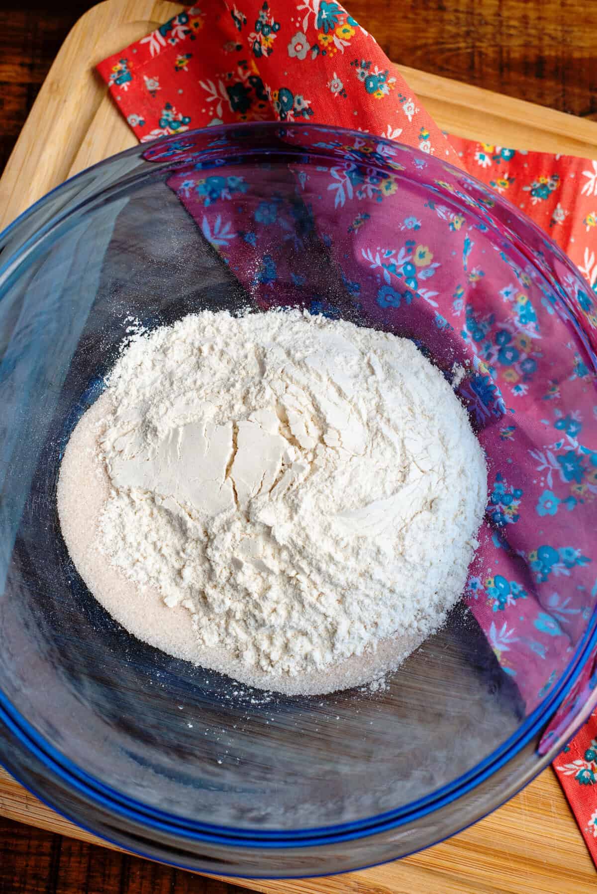 Medium bowl of self-rising flour, sugar, and cinnamon