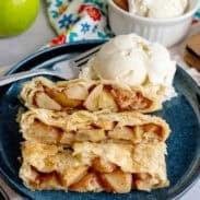 Apple strudel on a plate with ice cream
