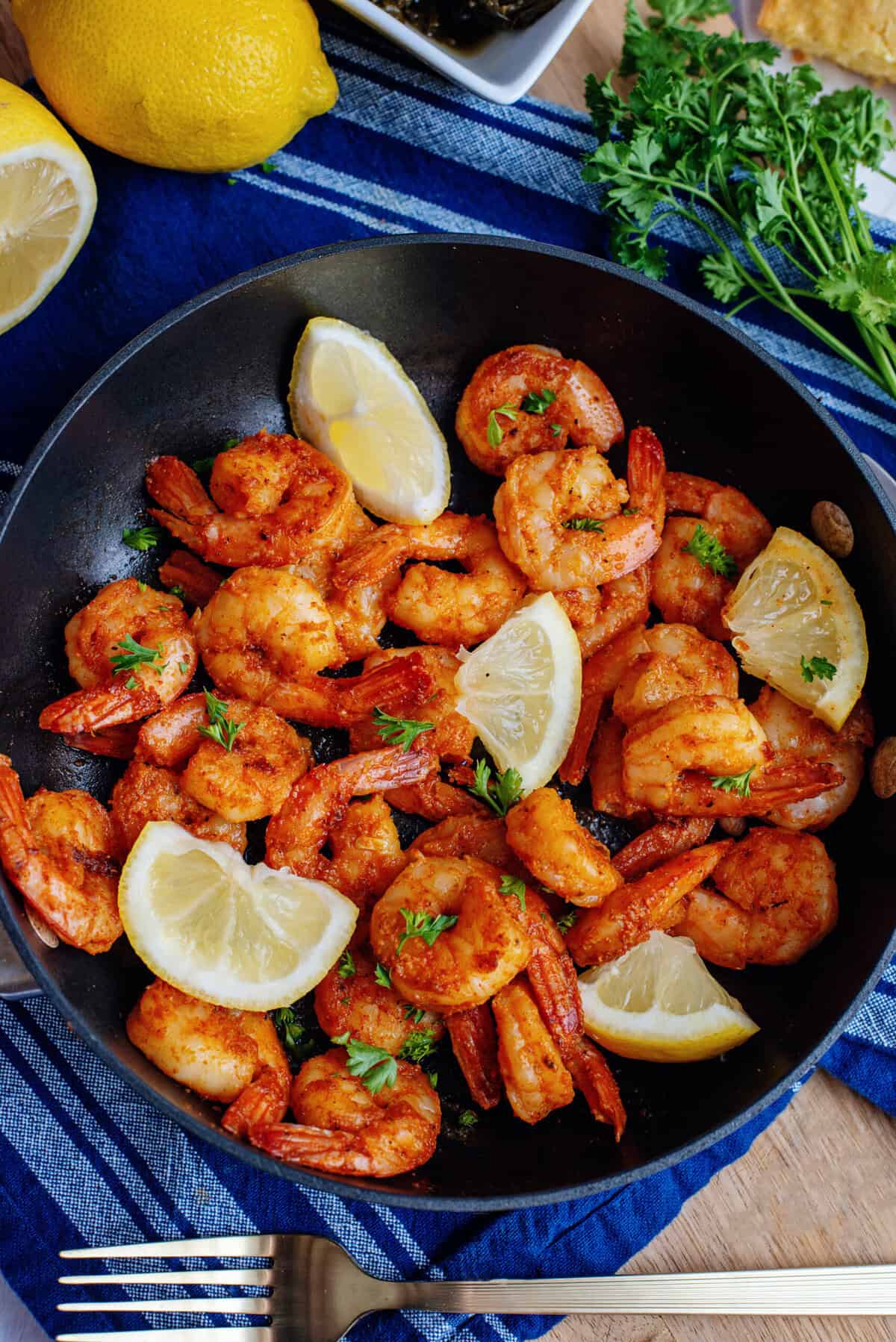 A pan of seared cajun shrimp