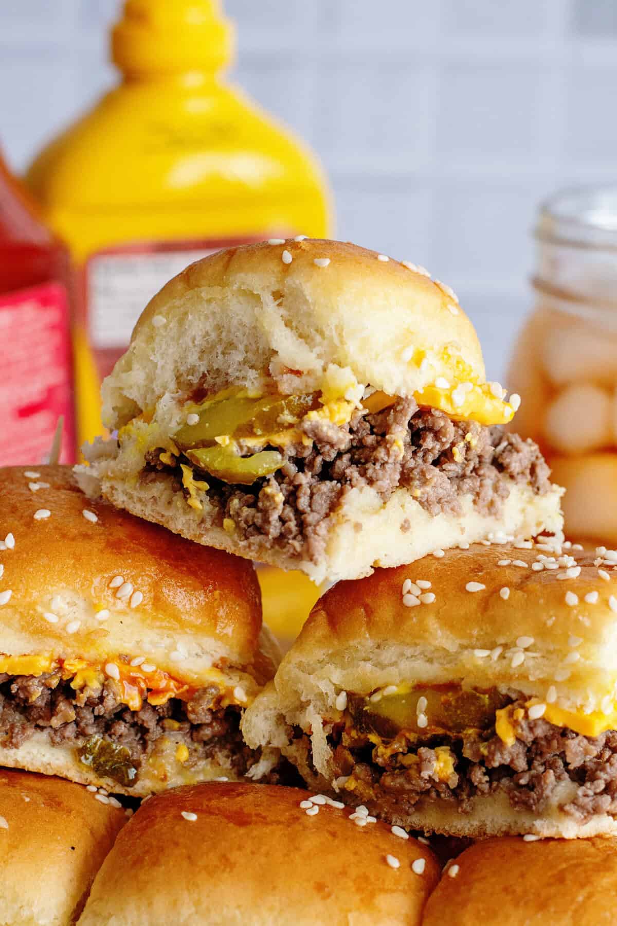 A stack of cheeseburger sliders