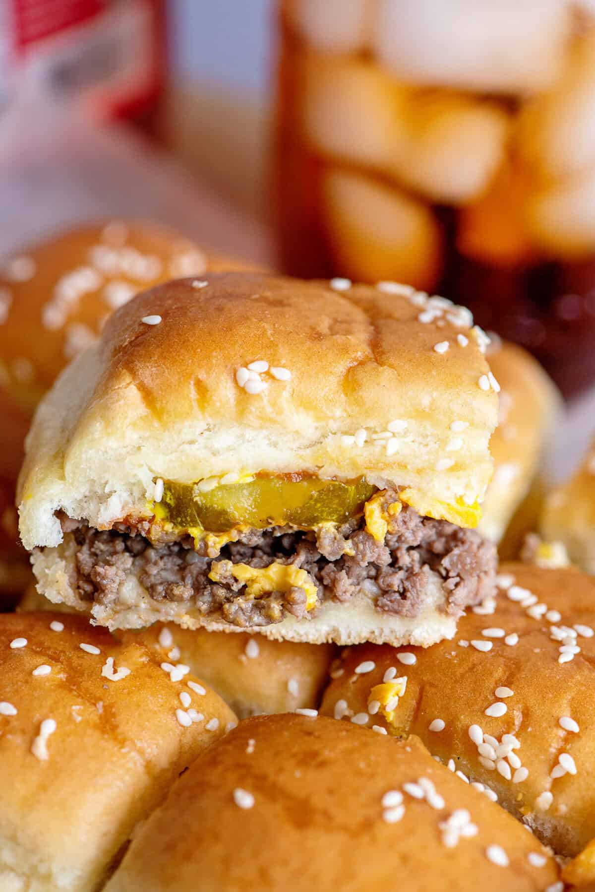 Close-up of a cheeseburger slider