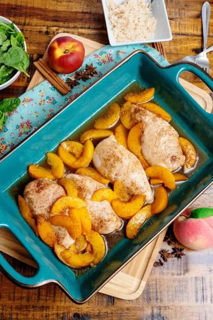 Finished ginger peach chicken in baking dish