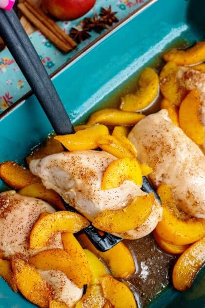 close up of baked ginger peach chicken