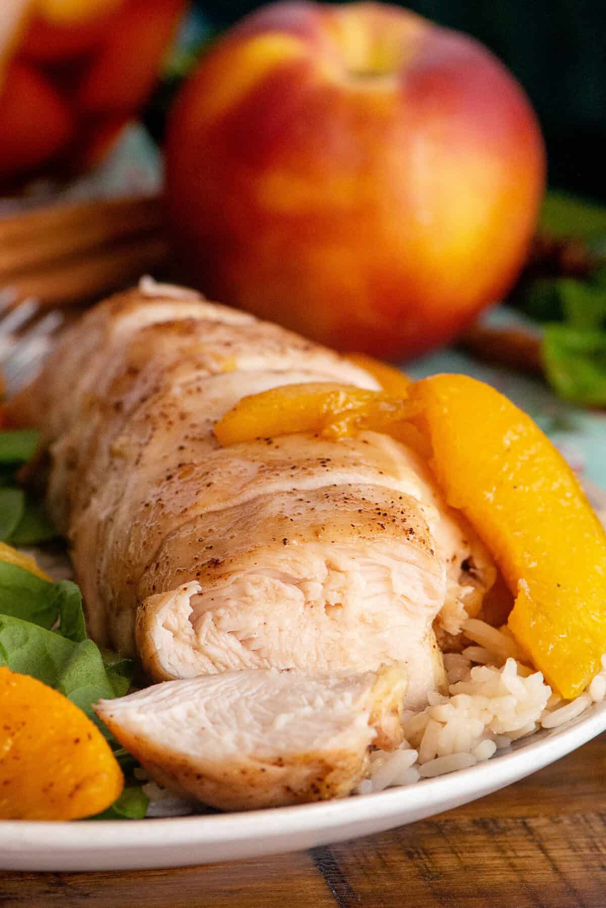 Close up shot of ginger peach chicken