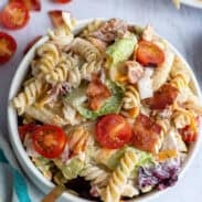A bowl of BLT pasta salad