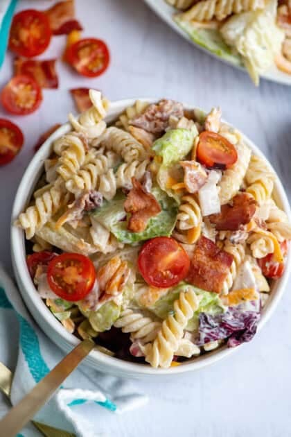A bowl of BLT pasta salad