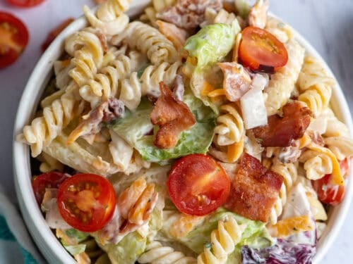 A bowl of BLT pasta salad