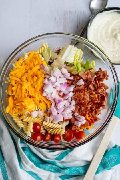 A large bowl of the cooked pasta, cherry tomatoes, romaine lettuce, cheddar cheese, red onion, and bacon