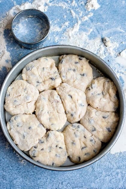 A pan of chocolate chip biscuit rounds