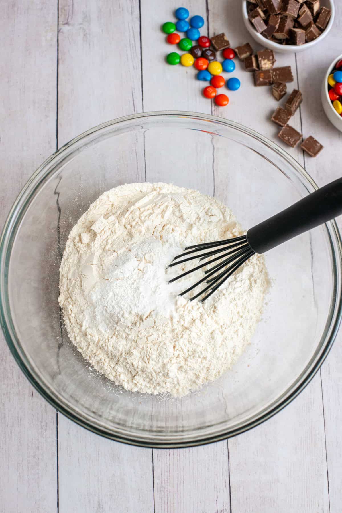 A bowl of dry ingredients for the Halloween Candy Cookies