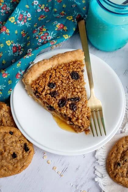 A slice of oatmeal raisin cookie pie