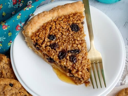 A slice of oatmeal raisin cookie pie
