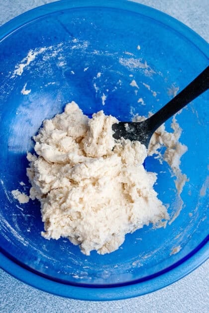 Easy homemade biscuit mix and milk mixed together