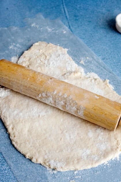 Rolling the easy homemade biscuit mix with a rolling pin