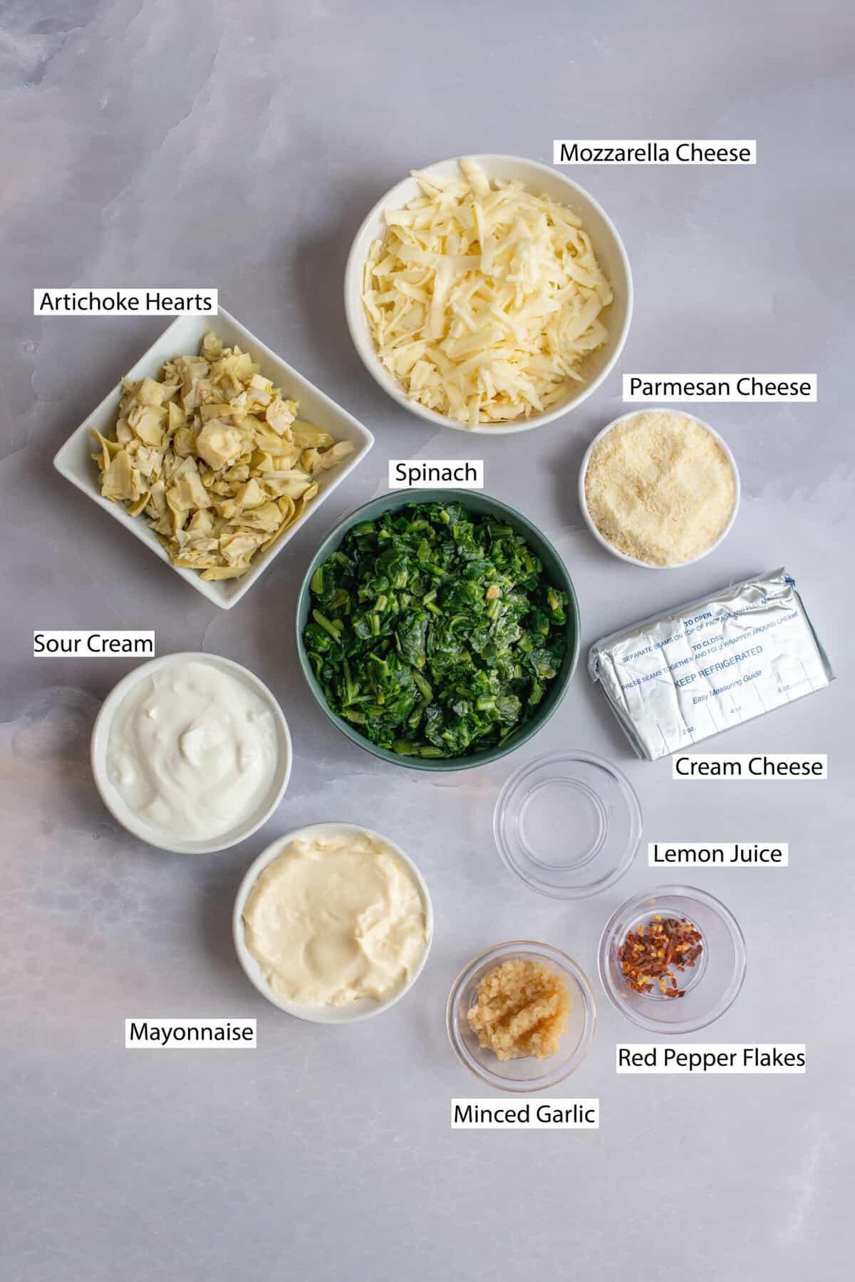 Ingredients for spinach artichoke dip