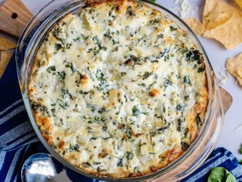 A bowl of spinach artichoke dip
