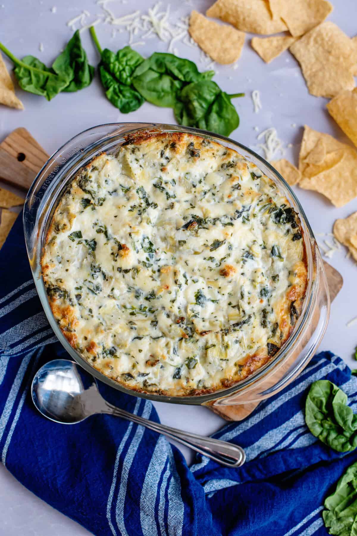 A bowl of spinach artichoke dip