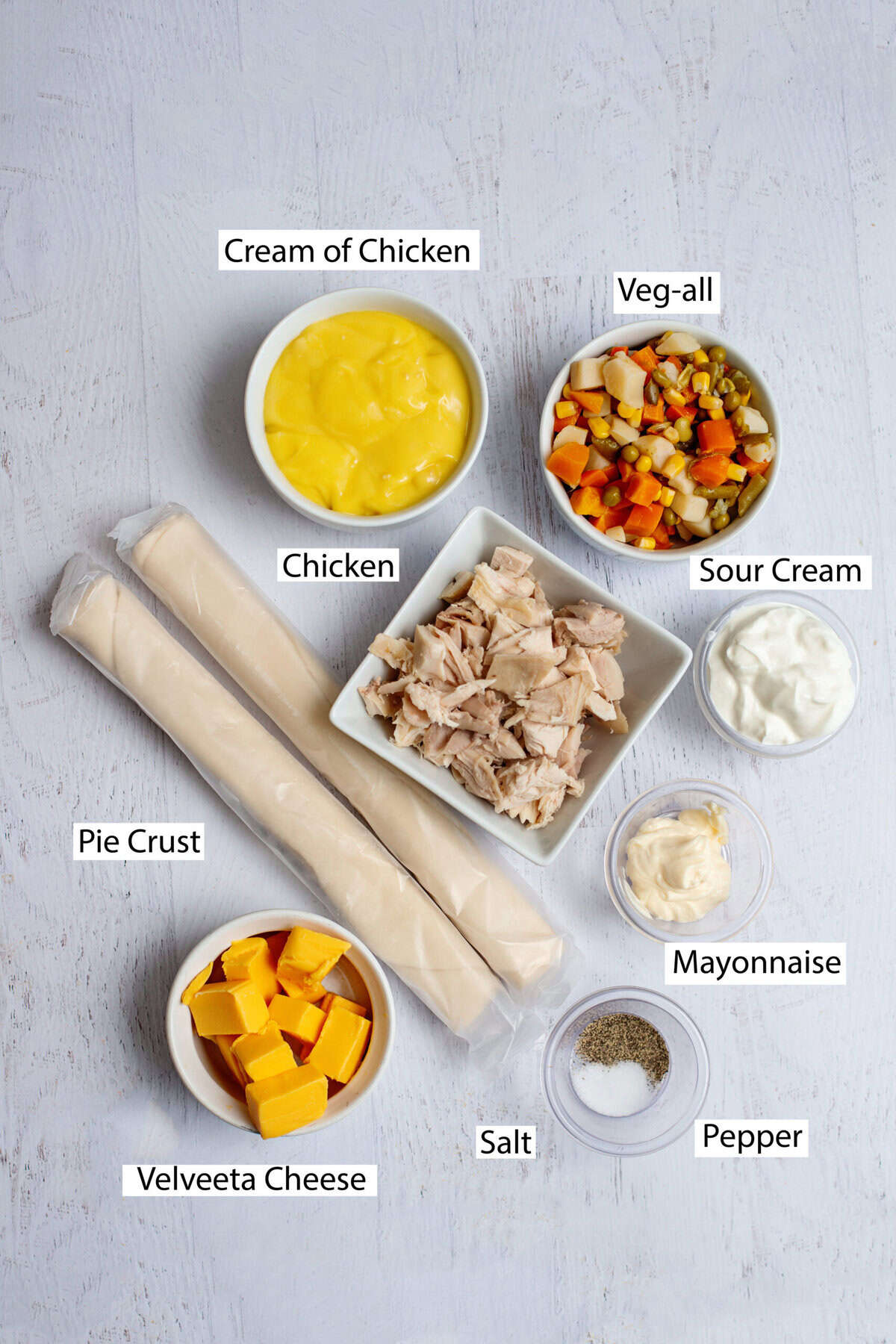 Ingredients for cheesy chicken pot pie
