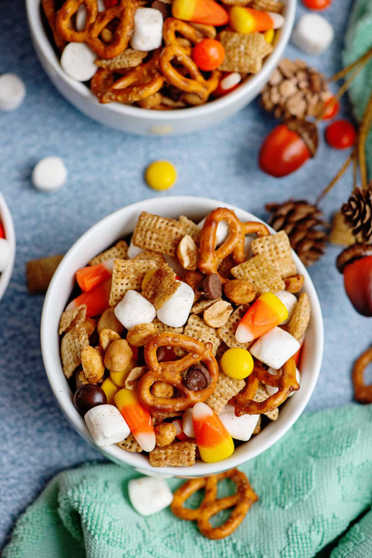 A small bowl of fall snack mix
