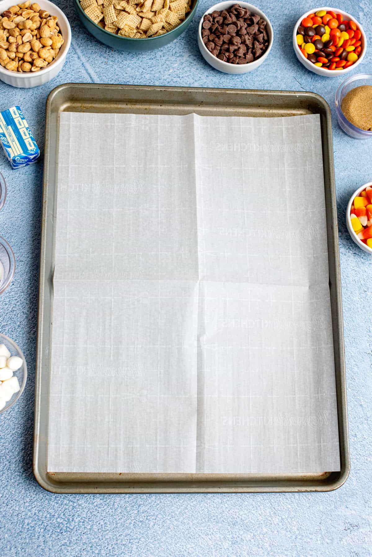 A sheet pan lined with parchment paper