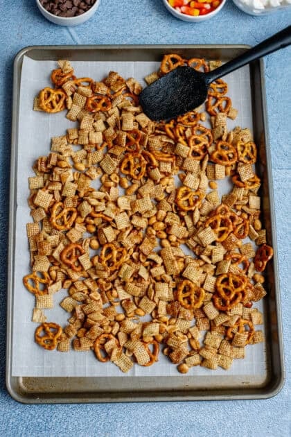 A sheet pan of fall snack mix