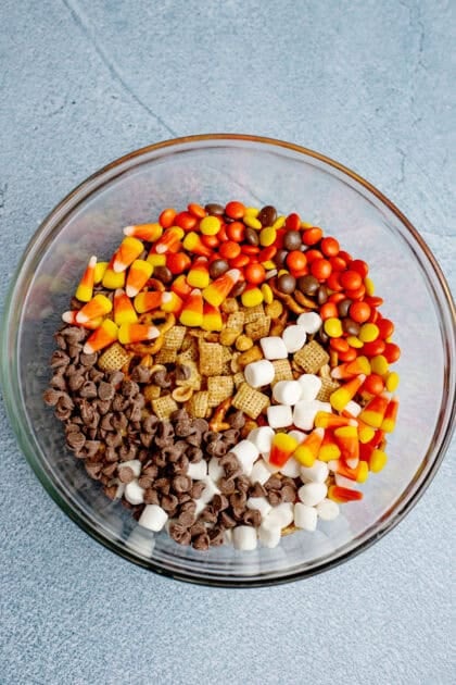 A bowl of fall snack mix with marshmallows, chocolate chips, and candy