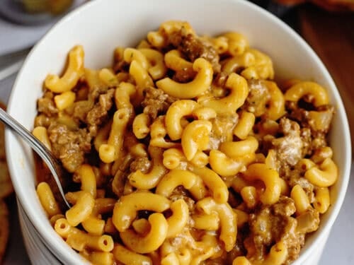 A small bowl of homemade hamburger helper