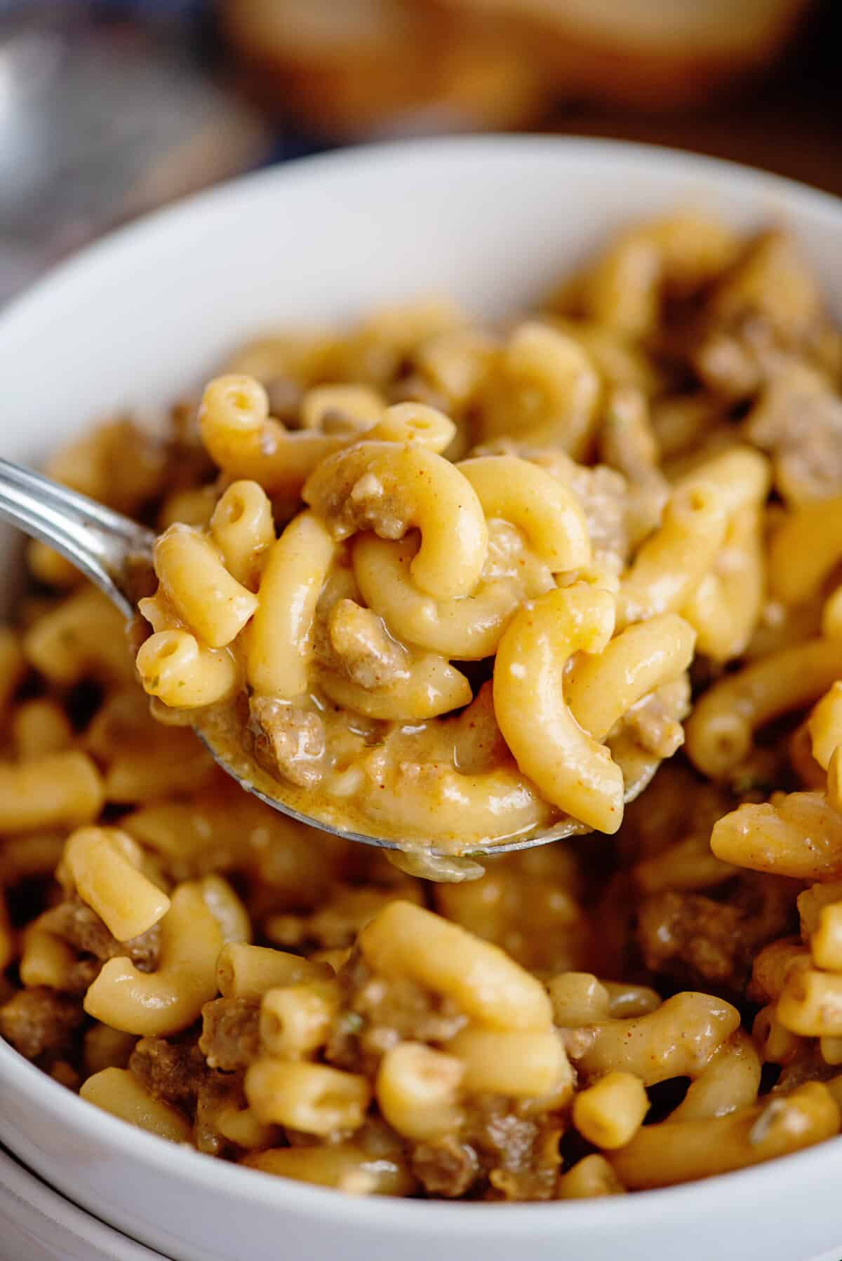 Close up of a bowl of homemade hamburger helper