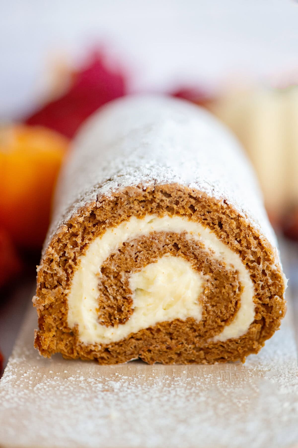 A front view of the pumpkin roll