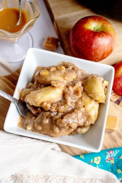A bowl of slow cooker apple crisp with no cream