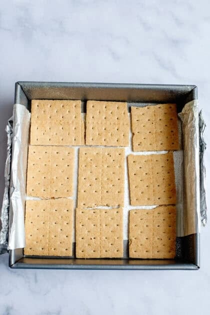 A tray of graham crackers for the s'mores brownie base