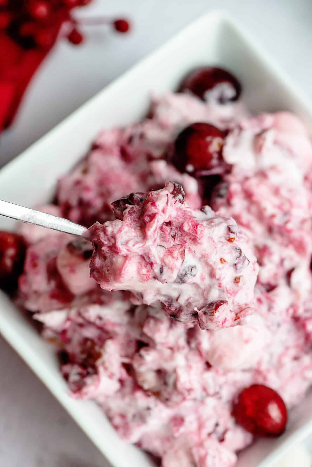 Close up of cranberry fluff salad