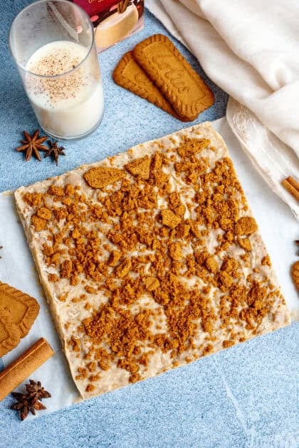 Chilled eggnog fudge ready to cut