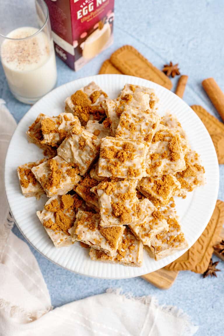 A plate of eggnog fudge slices