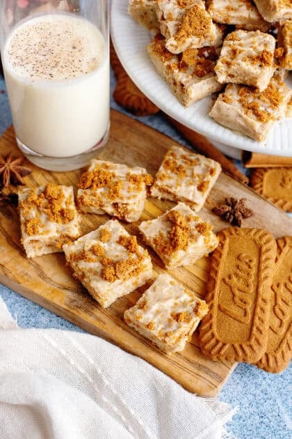 Slices of eggnog fudge on a cutting board